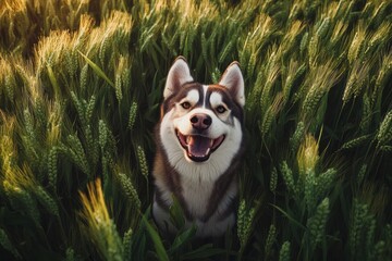 Smiling Siberian Husky dog standing in a golden wheat field during sunset.
