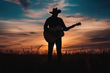 Silhouette of a man with a guitar at sunset, dark sky with vibrant clouds.

