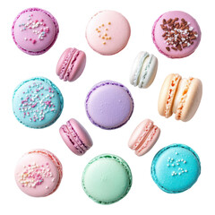Obraz premium A top-view collection of exquisite macarons in soft pastel shades, showcasing an array of delicate and colorful treats.