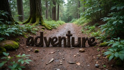 Adventurous word made of twigs on forest trail