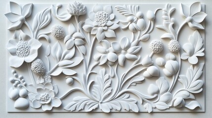 Intricate white floral relief artwork featuring leaves, flowers, and berries in a symmetrical design on a flat surface.