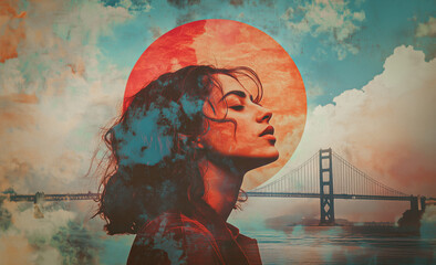 A double exposure portrait of a woman with closed eyes, set against the iconic Golden Gate Bridge, showcases a serene moment bathed in muted colors.