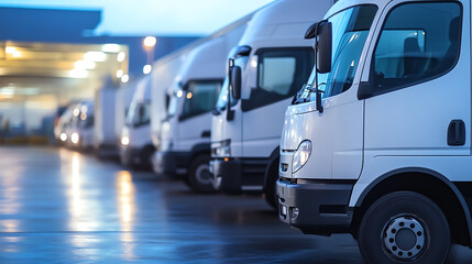A side view of trucks and vans parked in a logistics hub, ready for dispatch to various locations
