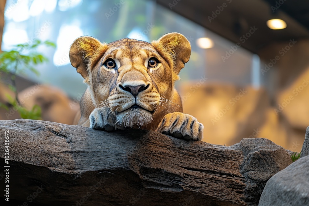 Poster 3d-rendered zoo exhibit of a lion, with lifelike textures and lighting creating a digital, interacti