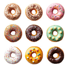 Fototapeta premium A top-view collection of mouthwatering donuts adorned with an array of colorful toppings.