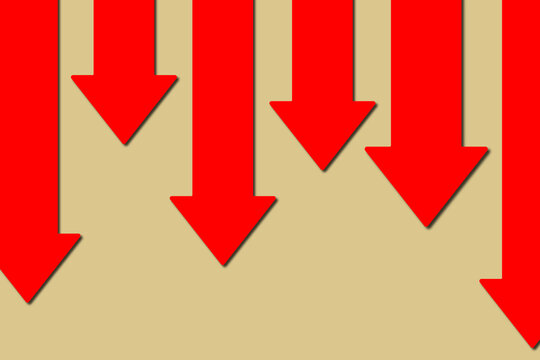 Decreasing concept. Bright red downward arrows against a clean, solid backdrop, illustrate the concept of reduction, negative, reduce, or decrease.