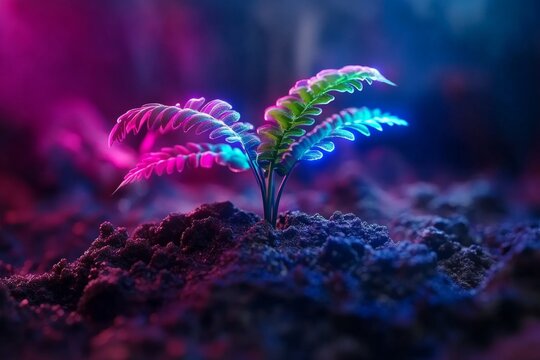 Bio-engineered plants being planted in a futuristic garden, where each plant glows softly with neon hues, creating a hybrid of nature and technology in a futuristic landscape
