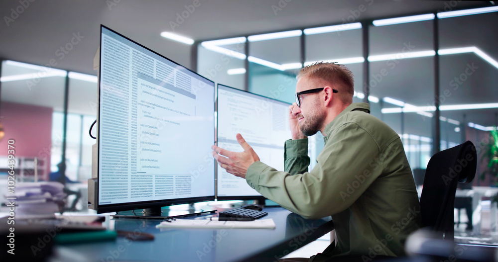 Poster Unhappy Sad Developer Programmer Man In Stress Coding Software
