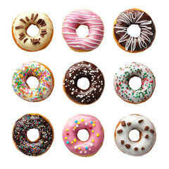 A top-view collection of mouthwatering donuts adorned with an array of colorful toppings.