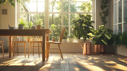 Obraz premium Bright, serene interior with plants and wooden furniture.