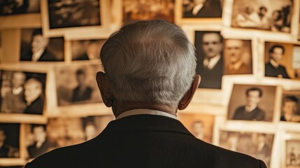 Elderly man is looking at old black and white portraits on the wall