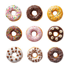 Obraz premium A top-view collection of mouthwatering donuts adorned with an array of colorful toppings.