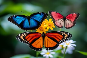 Fototapeta premium Butterfly exhibit with colorful insects fluttering around, landing on flowers and occasionally perching on visitorsâ€™ arms