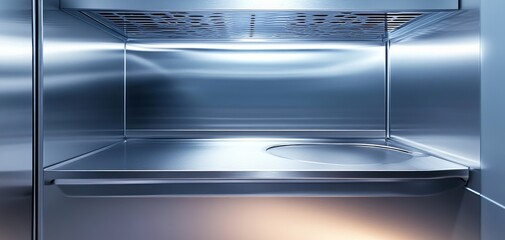 Obraz premium Empty stainless steel kitchen interior with well-lit workspace and smooth surfaces, ideal for food preparation or cooking.