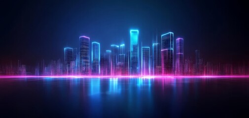 Fototapeta premium A stunning night city skyline featuring vibrant neon lights reflecting on water, creating a futuristic and energetic atmosphere.