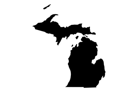 Michigan state map SVG with two peninsulas, black fill, transparent background. Scalable MI vector outline for detailed projects.