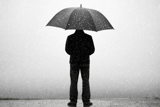 A silhouette of a man with an umbrella stands against a backdrop of falling snow, creating a serene yet somber mood.