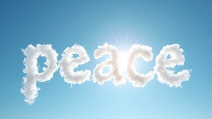 Naklejka premium Peace spelled in clouds against blue sky sun shining through