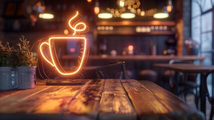 Warmly glowing neon coffee cup sign in a stylish coffee shop with inviting ambiance and reflections
