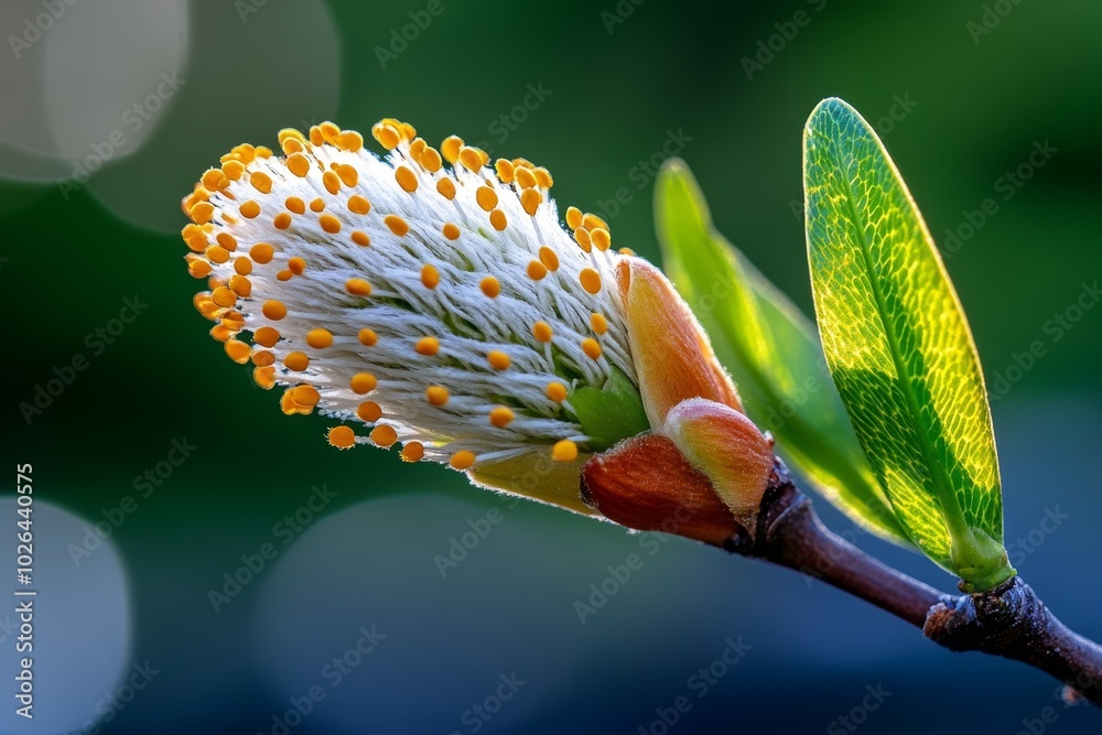 Poster close-up of a willow catkin, showing the intricate, soft texture and the way light catches on the ti