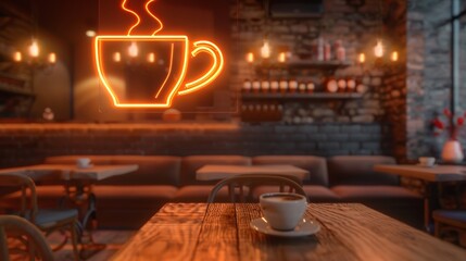 Neon coffee cup sign radiates warm light in a stylish coffee shop with inviting decor