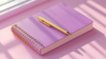 A purple notebook with a gold pen resting on top, placed on a soft pink surface perfect for journaling or note-taking. Generative AI