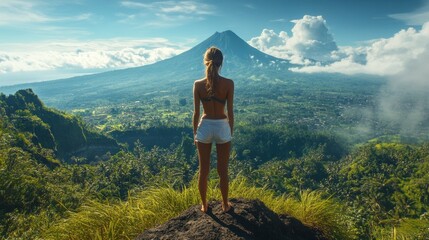 Plakat A woman stands on a hill overlooking a city