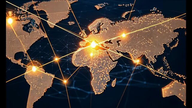 World map of global logistics, communication network lines, satellite networks, globalization, trade routes, real-time connections in the Internet. Trade routes within the European Union.
