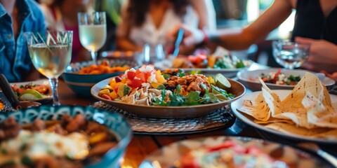 Traditional Mexican dishes set on the table for a family  dinner celebrating Mexican Independence Day