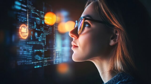 A woman in glasses examining digital interfaces with data overlaying her face banner. UX coding, big data analytics, artificial intelligence, technology, and innovation in high-tech environment - Powered by Adobe