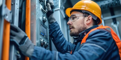 Fototapeta premium Maintenance engineer inspecting elevator mechanism.