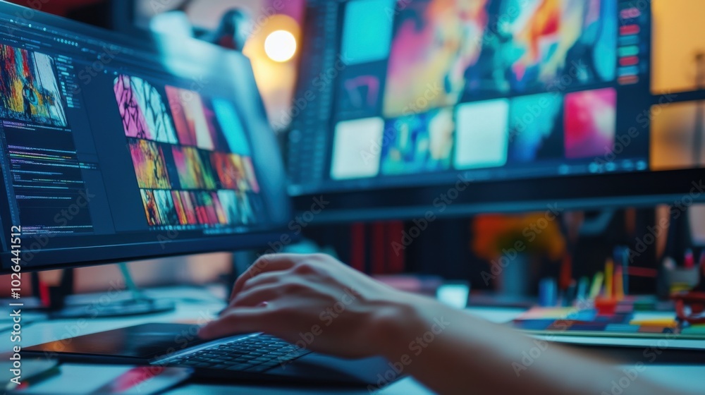 Fototapete designers hand is selecting colors from vibrant palette while working on digital project. workspace is filled with colorful images on screens, showcasing creativity and inspiration