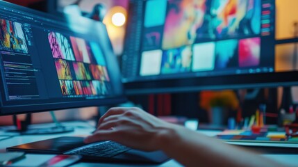 designers hand is selecting colors from vibrant palette while working on digital project. workspace is filled with colorful images on screens, showcasing creativity and inspiration