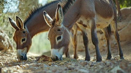 Two donkeys graze on dry grass in a sunny, rocky area
