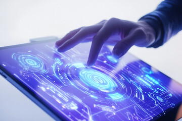 Obraz premium Businessman uses virtual visual screen to work in office
