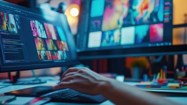designers hand is selecting colors from vibrant palette while working on digital project. workspace is filled with colorful images on screens, showcasing creativity and inspiration