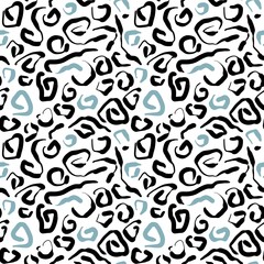Seamless abstract geometric pattern. Background in black, blue, white. Illustration. Lines, meanders. Design for textile fabrics, wrapping paper, background, wallpaper, cover.
