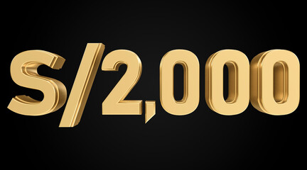 two thousand soles with golden texture, 3D numbers, Peruvian sol 3D currency symbol