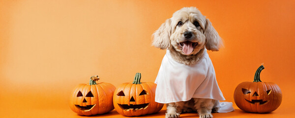 Cute poodle dog in ghost costume next to several pumpkins on Halloween. generative ai