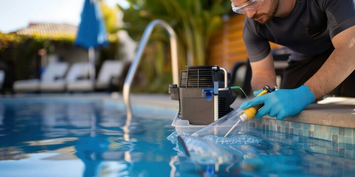 Pool technician testing water quality with equipment.
