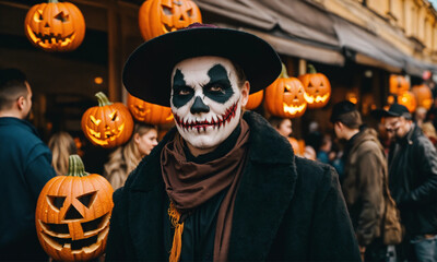 man in halloween costume, and painted on his face like a skull with a wizard hat at a night fair. and in the background several pumpkins and people. generative ai