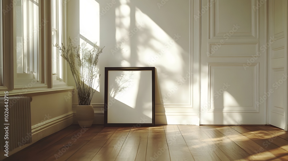 Wall mural 3. a square black frame casually leaning in a stylish white hallway, with elegant hardwood flooring 