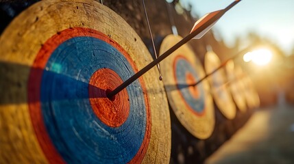 horizontal banner. Row of archery targets with arrows, one hitting the bullseye, blue and teal colors, blurred background, accuracy. Leadership, championing, winning in business.