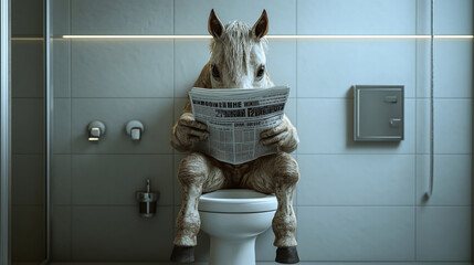 A human-like horse sitting on a toilet in a bathroom, holding a newspaper. The setting features tiled walls, a toilet roll, and modern bathroom fixtures.