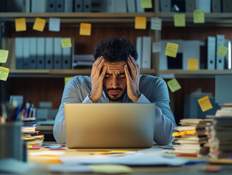 Stress im B&uuml;ro oder im Alltag, Berufliche oder private Herausforderungen die zu Verzweiflung, Burnout, Stress, Kopfschmerzen, Ersch&ouml;pfung und Angstzust&auml;nden f&uuml;hren