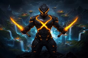 Fantasy warrior in an X shape, holding glowing swords in both hands, standing on a cliff overlooking a mystical landscape of floating islands and crystal waterfalls