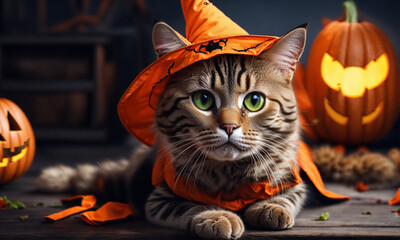 halloween cat with pumpkin. generative ai