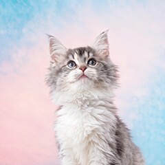 Fototapeta premium A fluffy gray kitten gazes upwards against a soft pastel background.