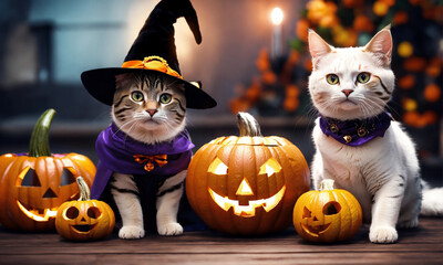 cute white and gray cat dressed up for halloween with pumpkins scene