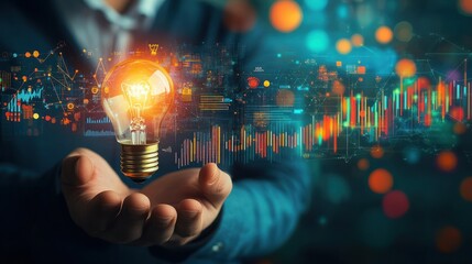 Businessman holding creative light bulb with growth graph, analytics icons. Utilizing analytics technology to develop new strategies and insights that enhance successful performance in global busines